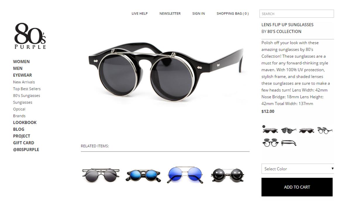 80s purple website design responsive sunglasses page